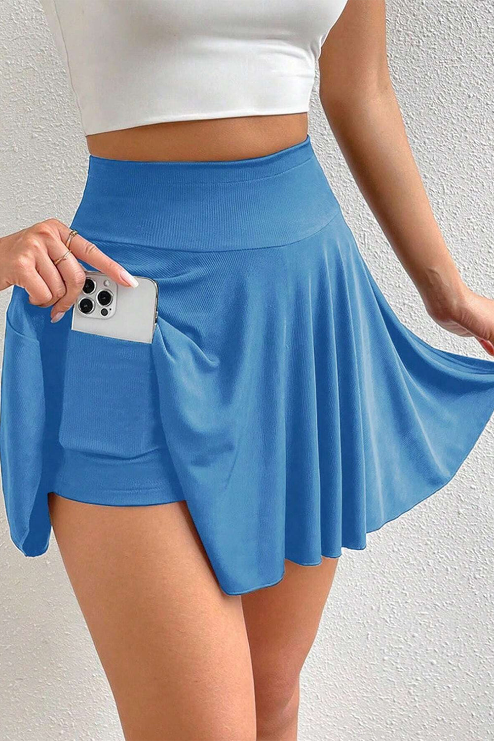 Blue A-line Draped High Waist Phone Pocket Lined Skort