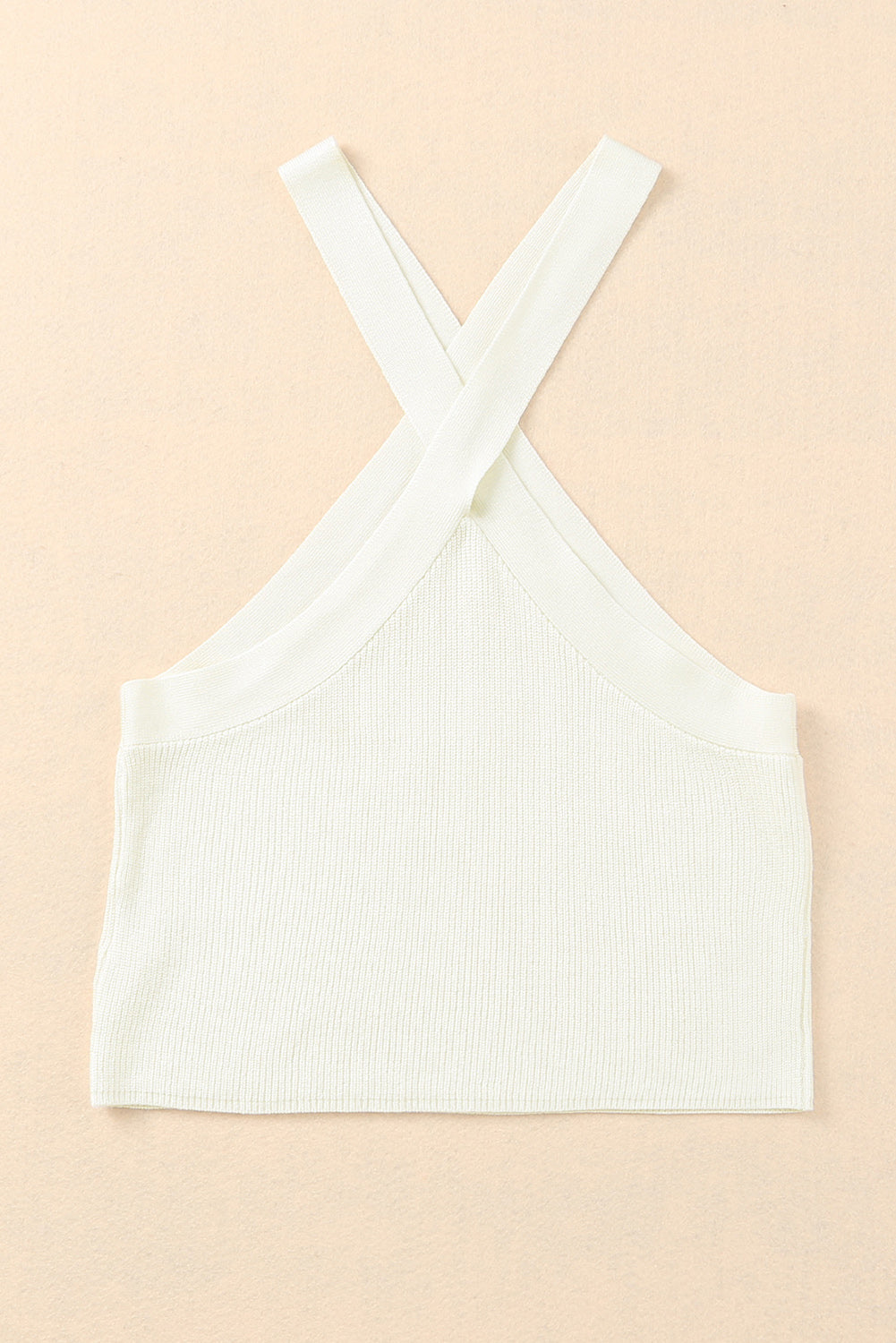 White Ribbed Knit Criss Cross Halter Neck Tank Top