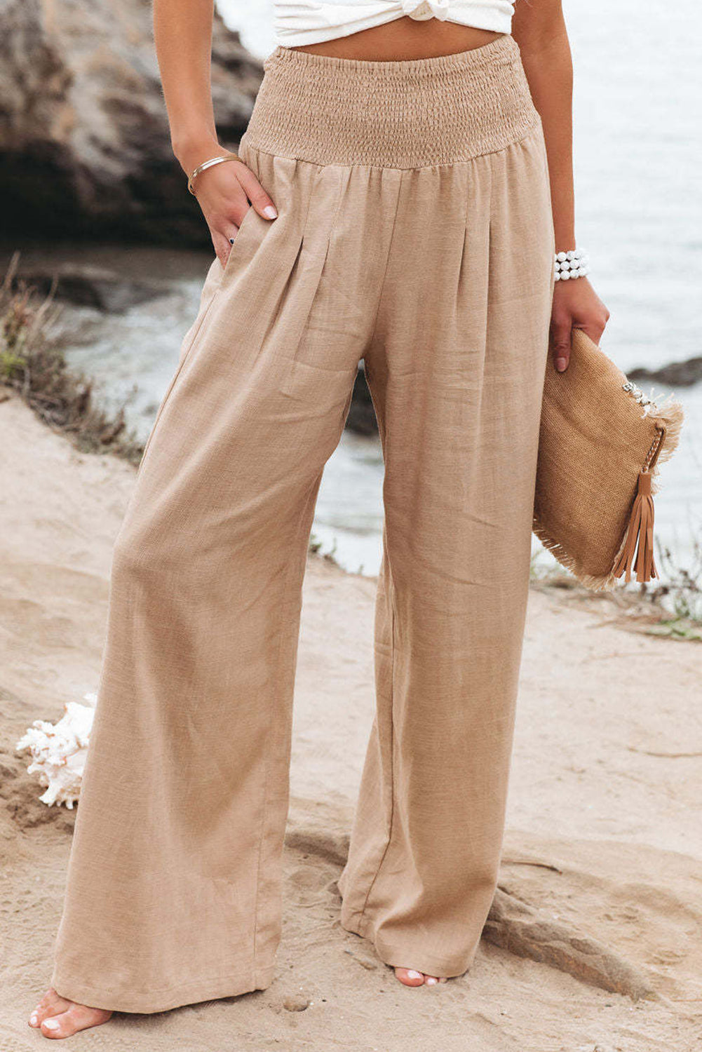 Khaki Wide-leg linen Pants