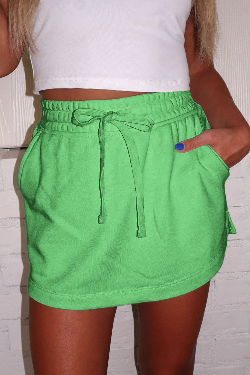 Light Grey French Terry Drawstring Mini Skort with Pockets