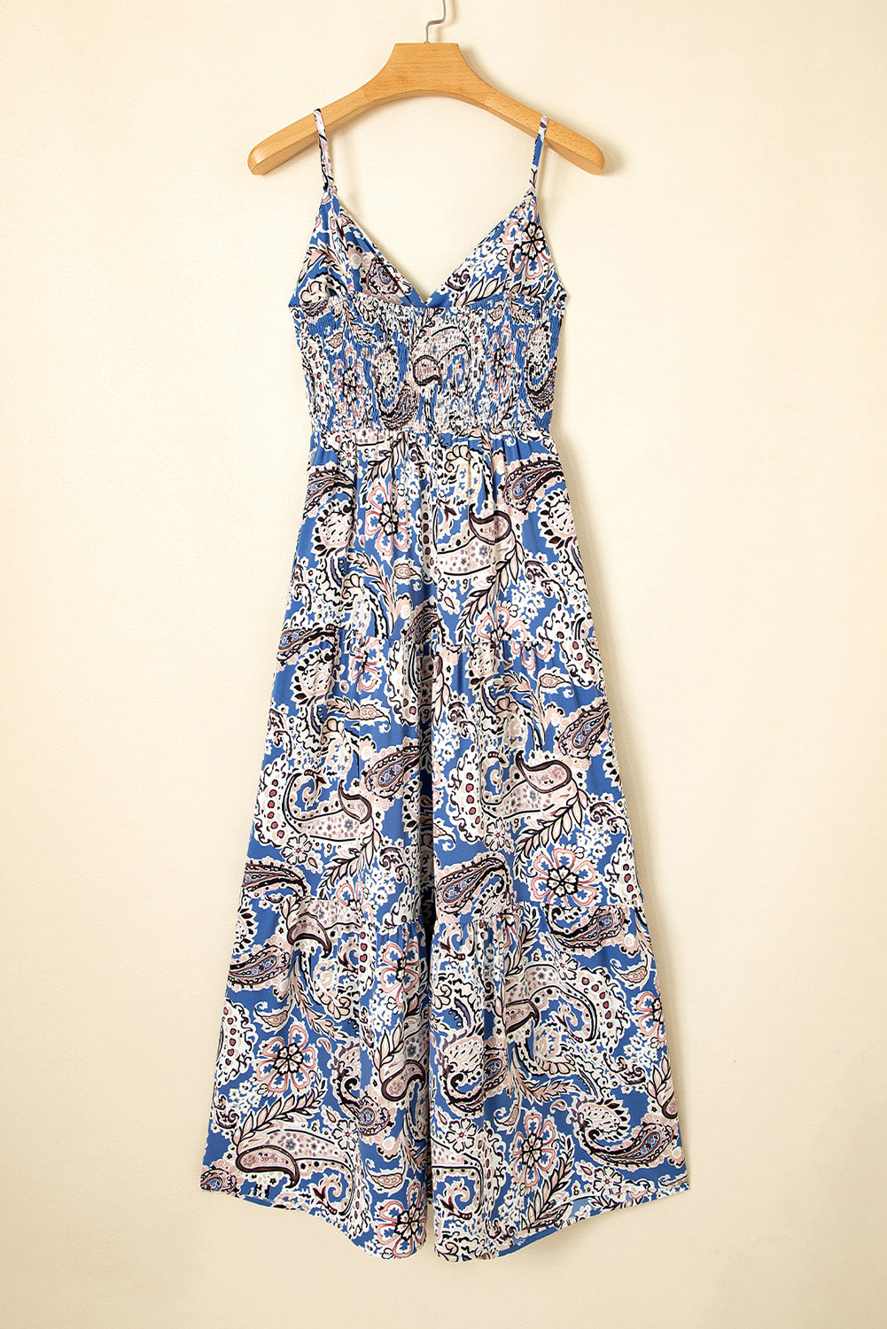 Blue Paisley Print Twist Detail Smocked Back Spaghetti Straps Long Dress