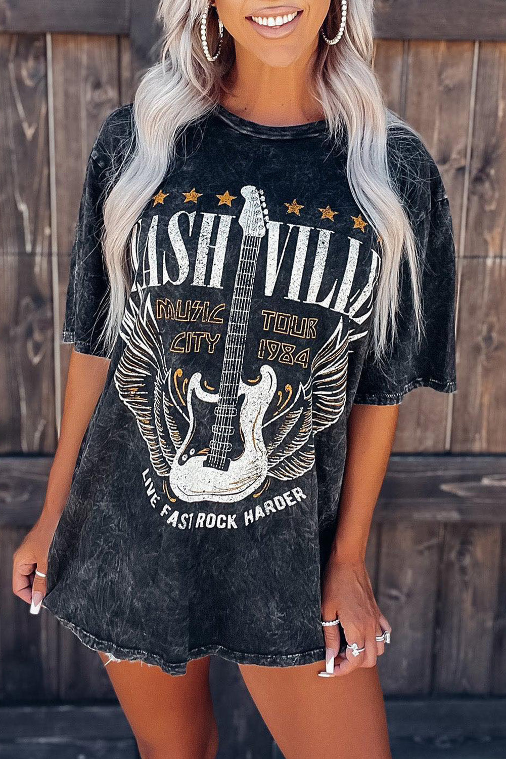 Black Mineral Wash NASHVILLE Vintage Graphic T Shirt