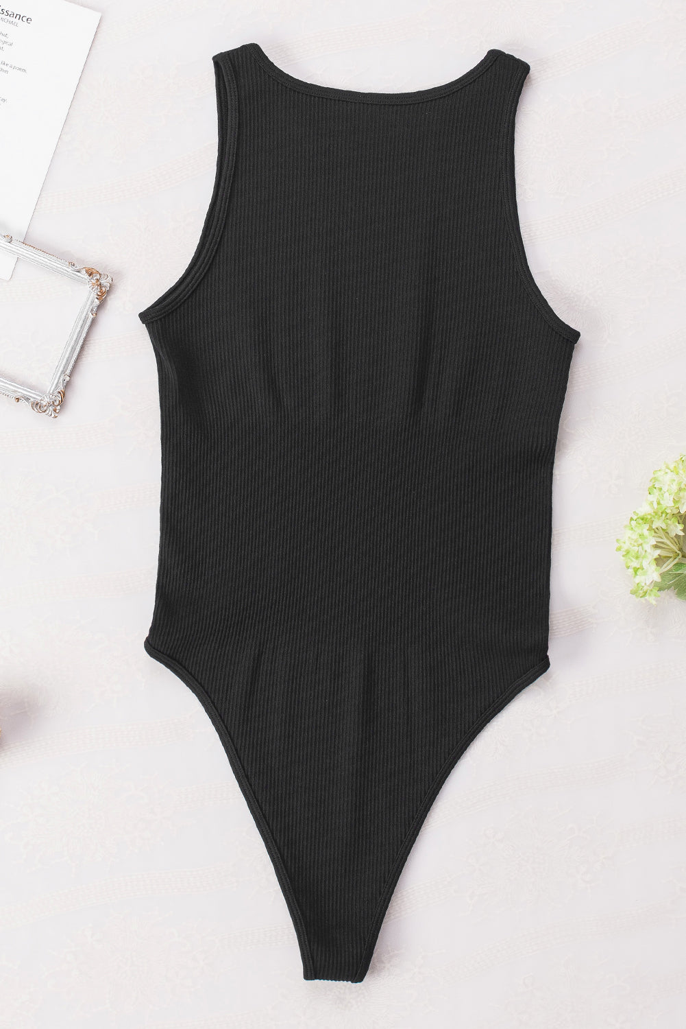 Black Sleeveless Ribbed Bodysuit