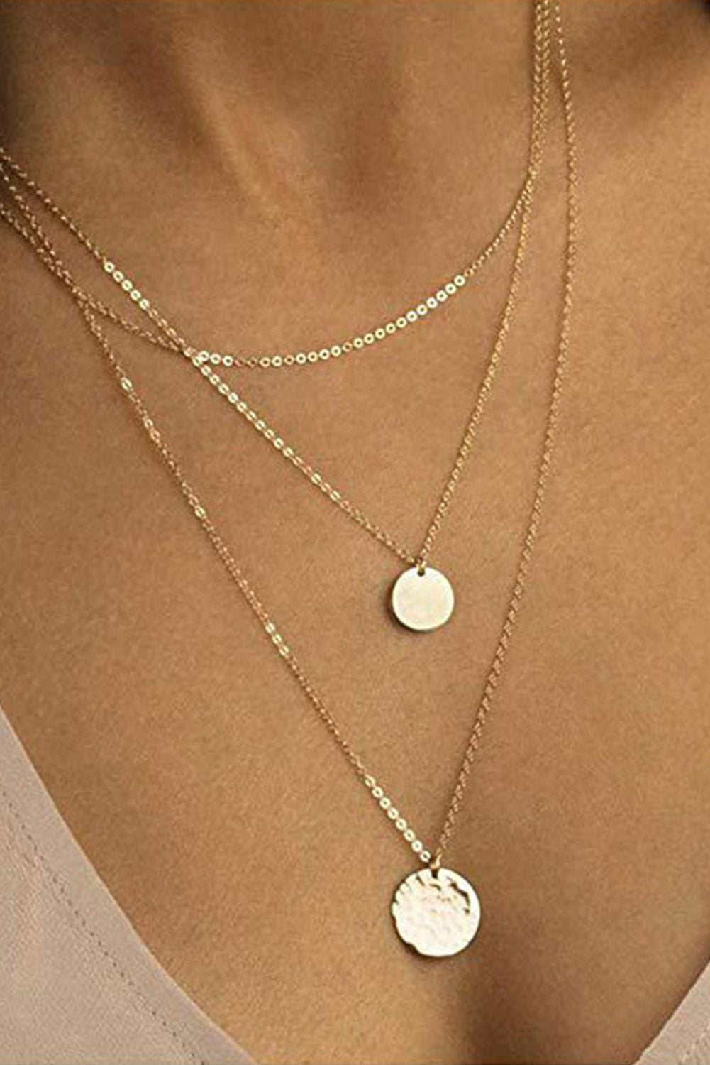 Gold Multi-layered Round Copper Pendant Necklace