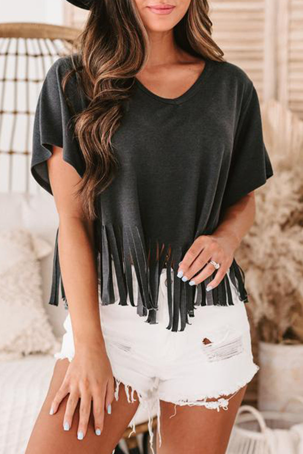 Black Fringe Hem V Neck T-shirt