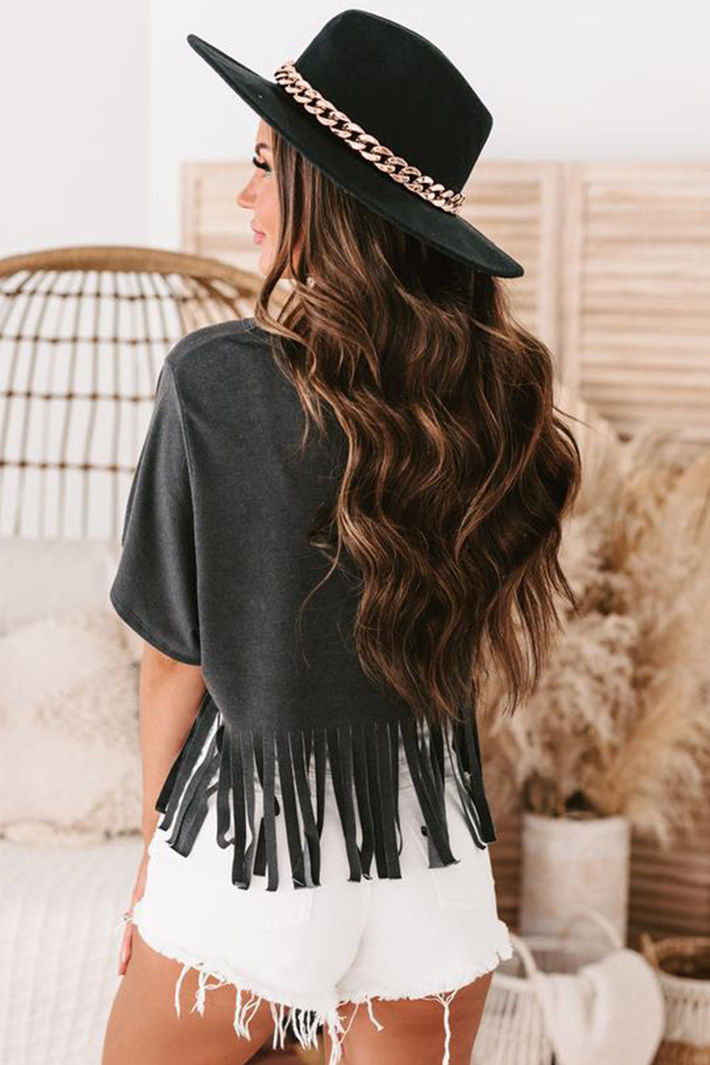 Black Fringe Hem V Neck T-shirt