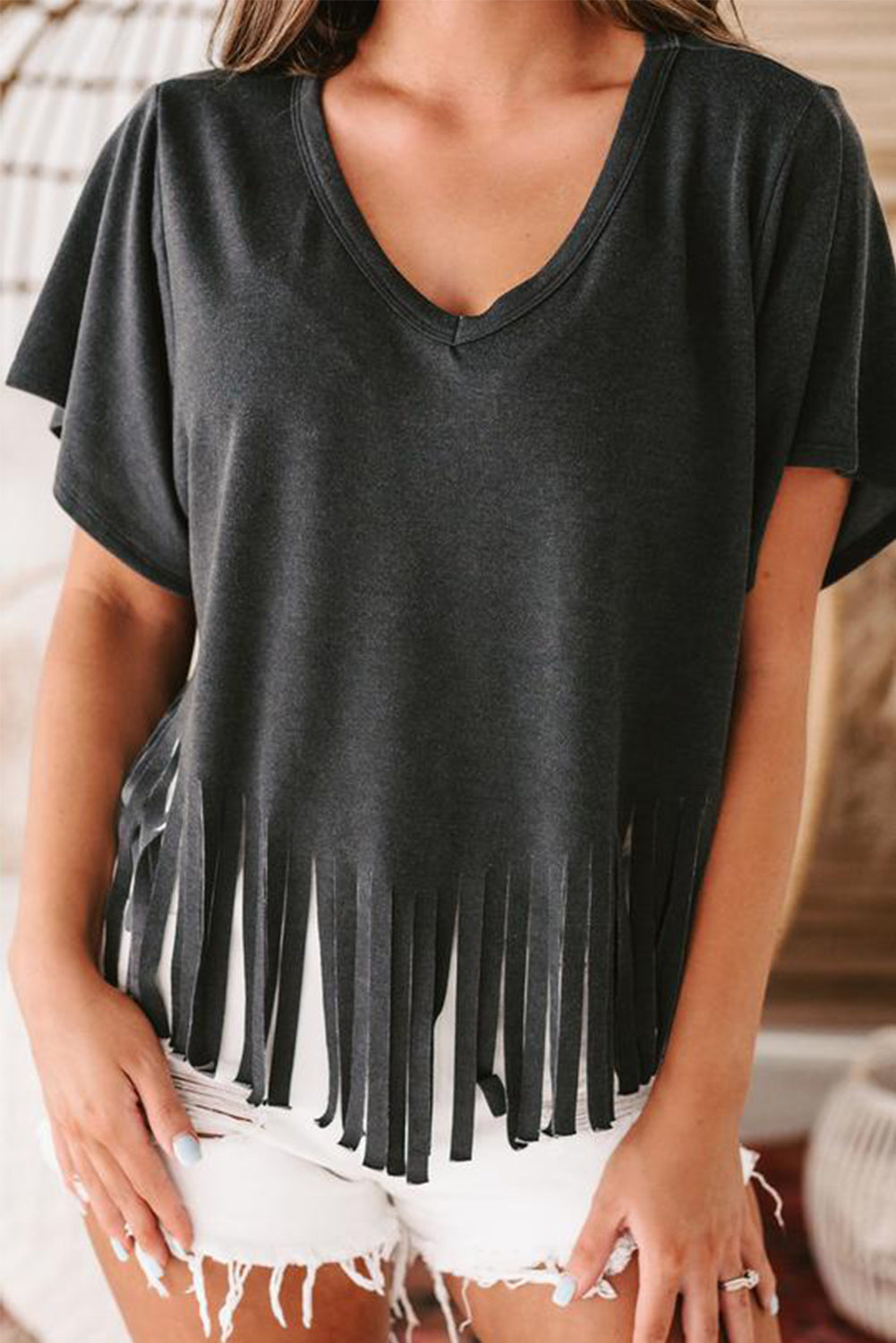 Black Fringe Hem V Neck T-shirt
