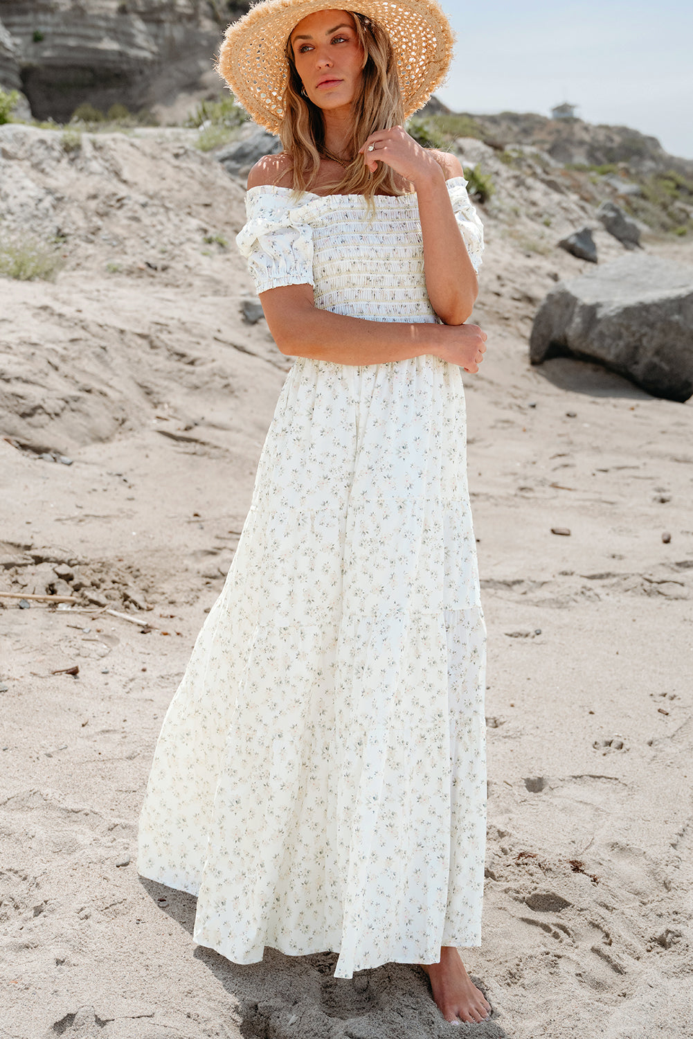 White Frilly Shirred Bodice Tiered Floral Maxi Dress