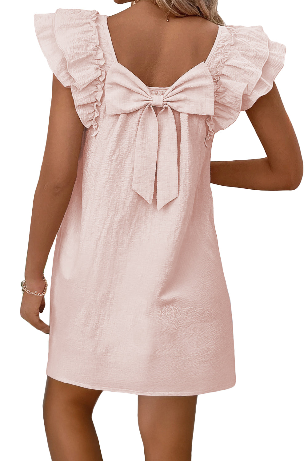Beau Blue Textured Flutter Sleeve Square Neck Bow Back Mini Dress
