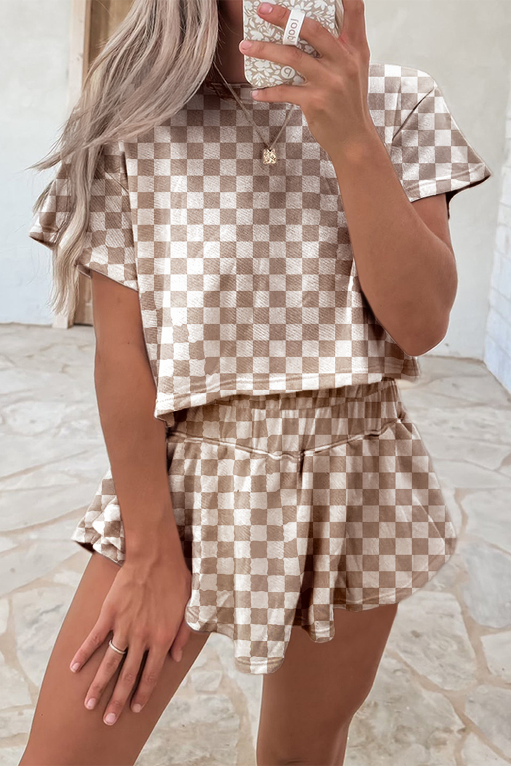 Black Checkerboard T Shirt and High Waist Skorts 2 Piece Outfit