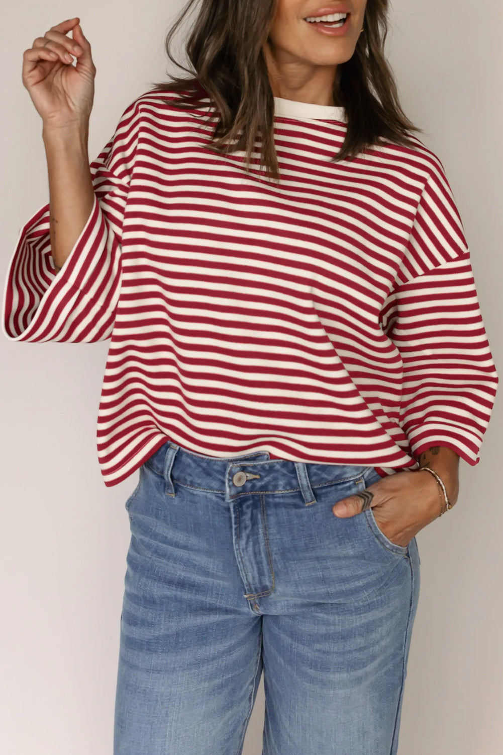 Pink Stripe Bowknot Cutout Back Drop Shoulder Wide Bracelet Sleeve Loose Tee