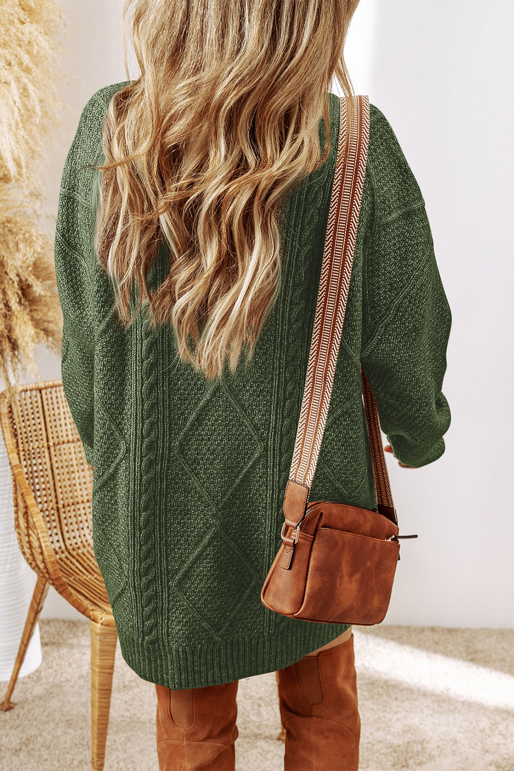 Coffee Cable Knit Drop Shoulder Loose Fit Sweater Dress