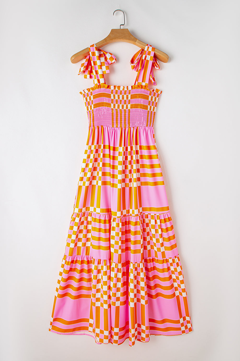 Pink Boho Gingham Tied Straps Smocked Maxi Dress