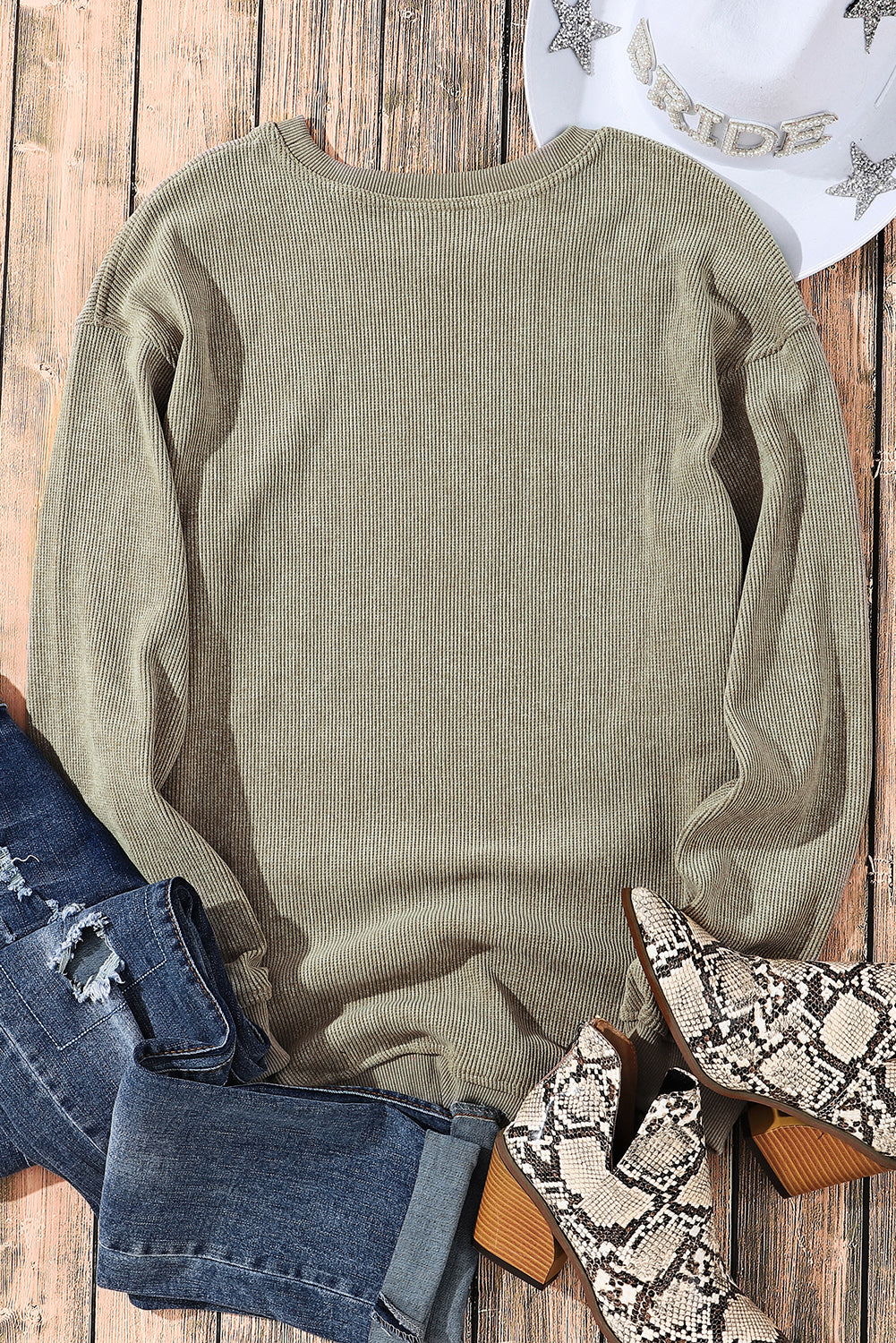 Pink Solid Ribbed Knit Round Neck Pullover Sweatshirt