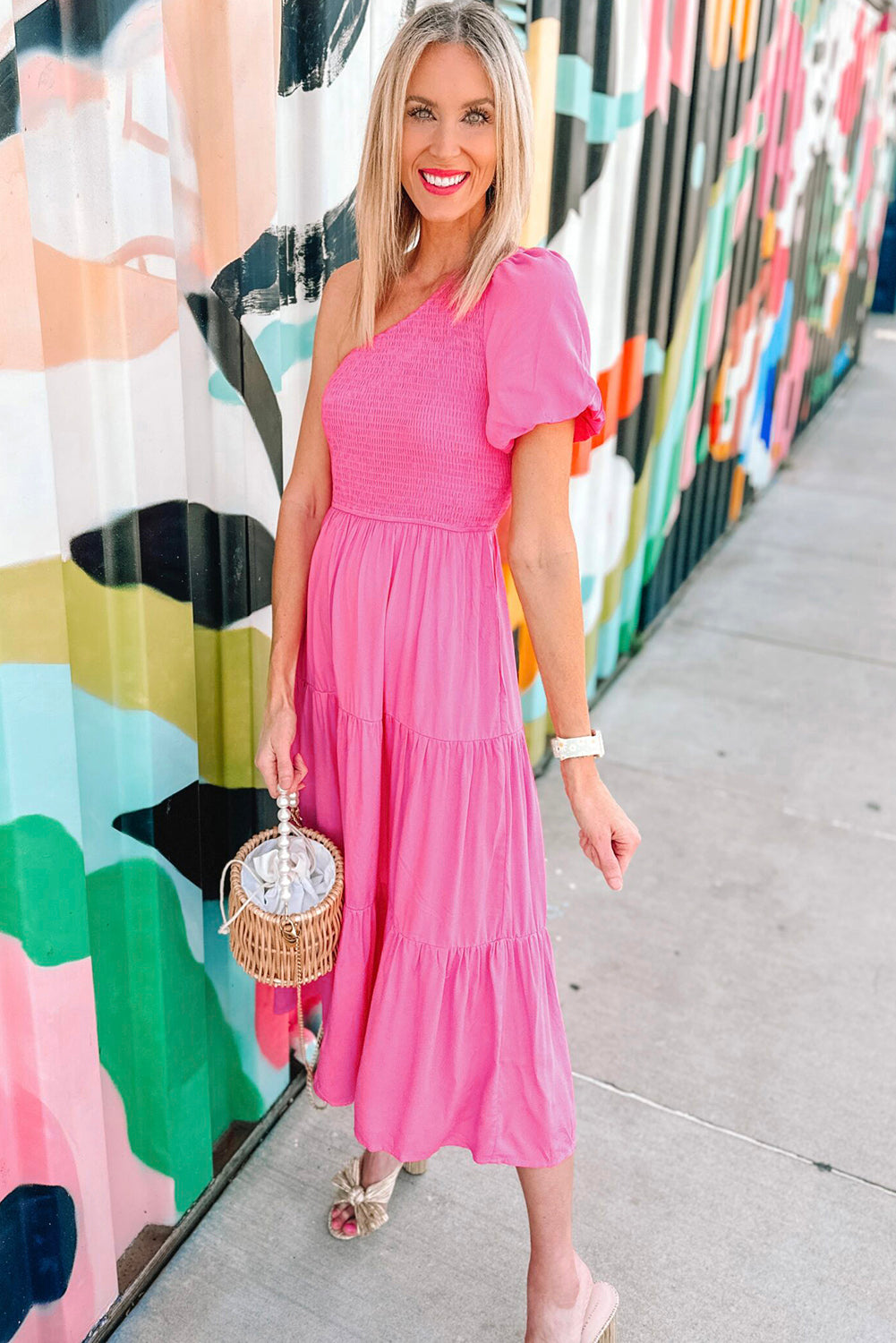 Strawberry Pink Asymmetric Puff Sleeve Smocked Bodice Tiered Midi Dress