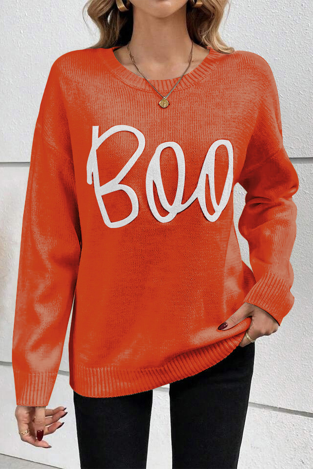 Apricot Boo Knitted Pattern Ribbed Edge Drop Shoulder Sweater