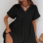 Black Folded Short Sleeve Lace V Neck Mini Dress