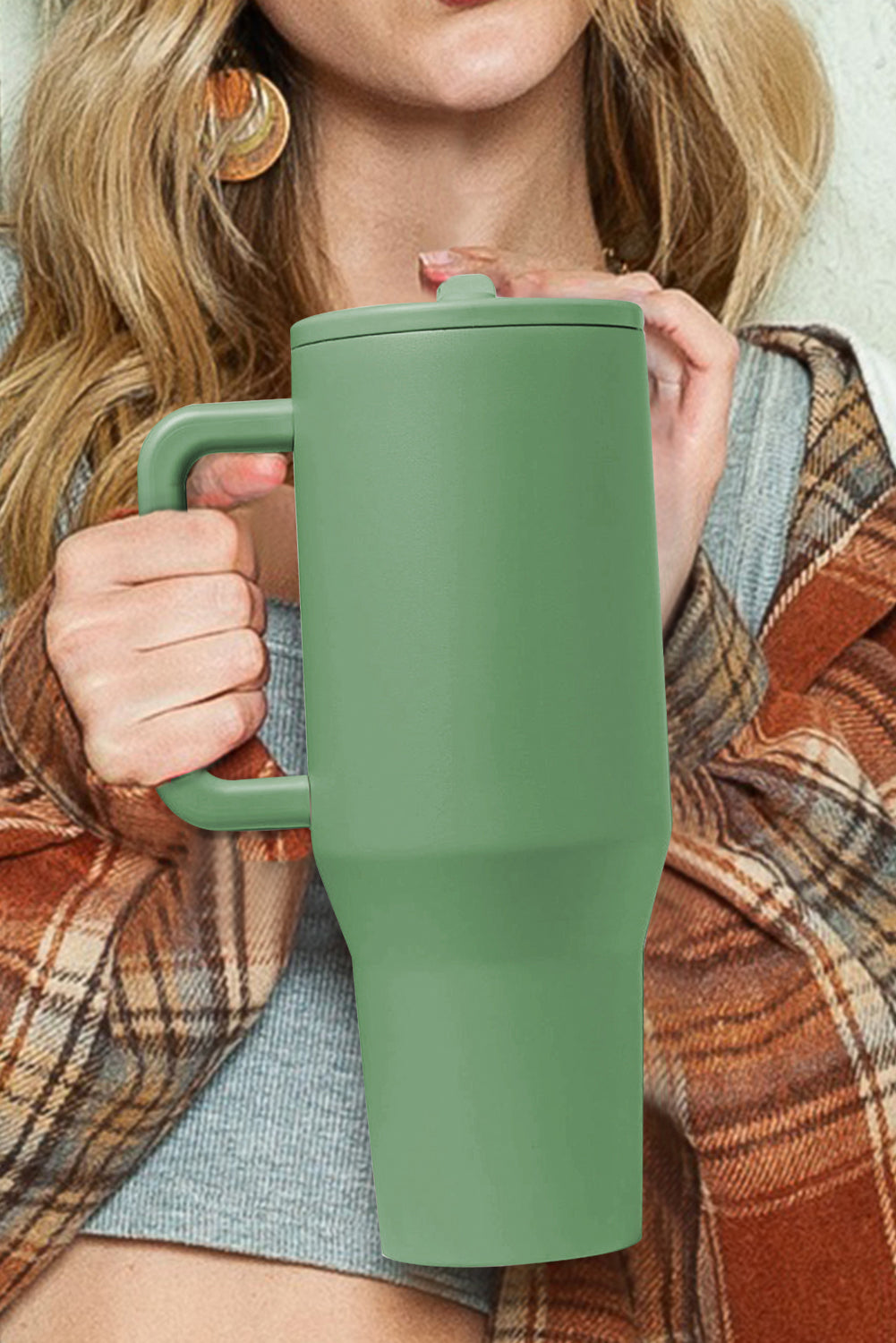 Pear Green Frosted Stainless Handle Large Vacuum Cup with Straw 40oz