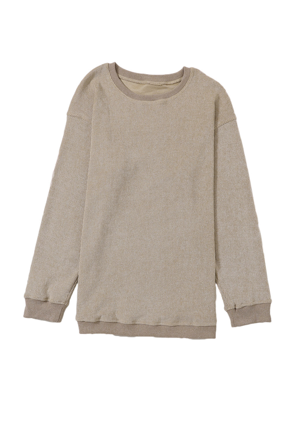 Pink Solid Ribbed Knit Round Neck Pullover Sweatshirt