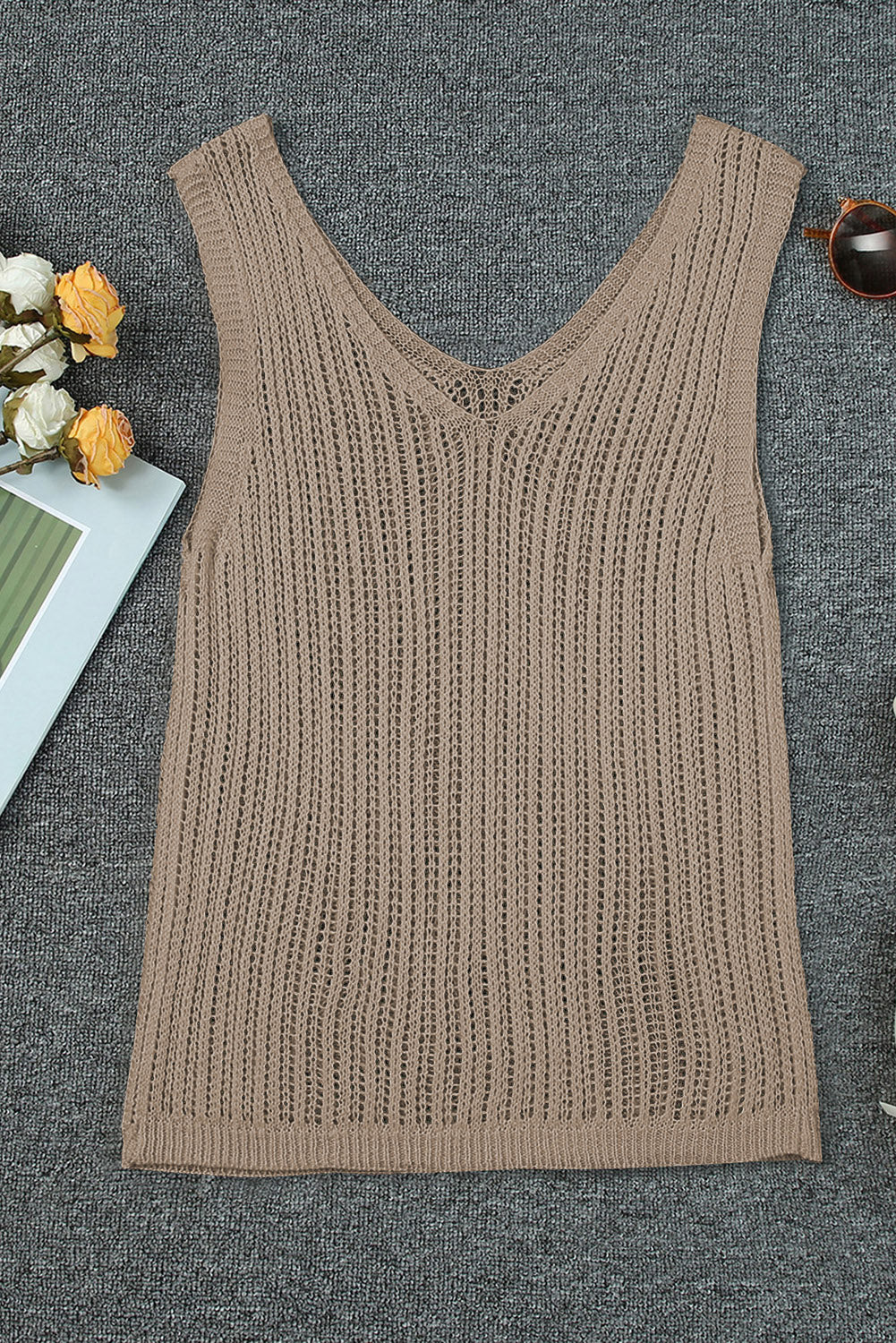 White Hollowed Knit V Neck Tank Top