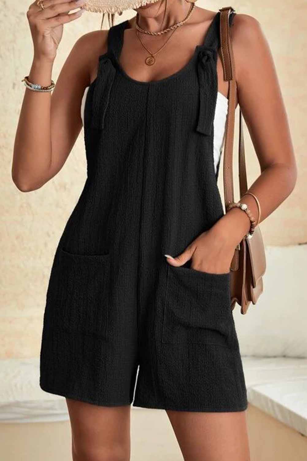 Black Adjustable Straps Pocketed Textured Romper