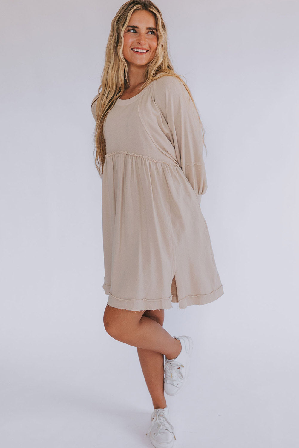 Oatmeal 3/4 Sleeves High Waist Slits Mini Dress