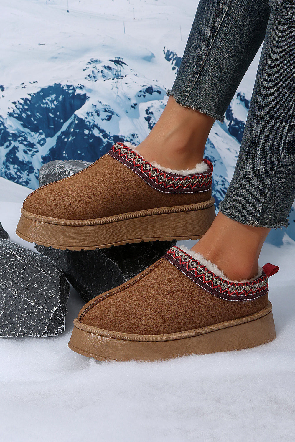 Chestnut Contrast Print Suede Plush Lined Snow Boots