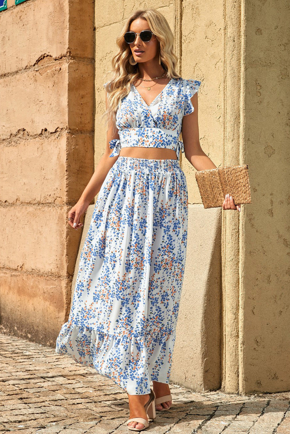 Black Multicolor Floral Ruffled Crop Top and Maxi Skirt Set