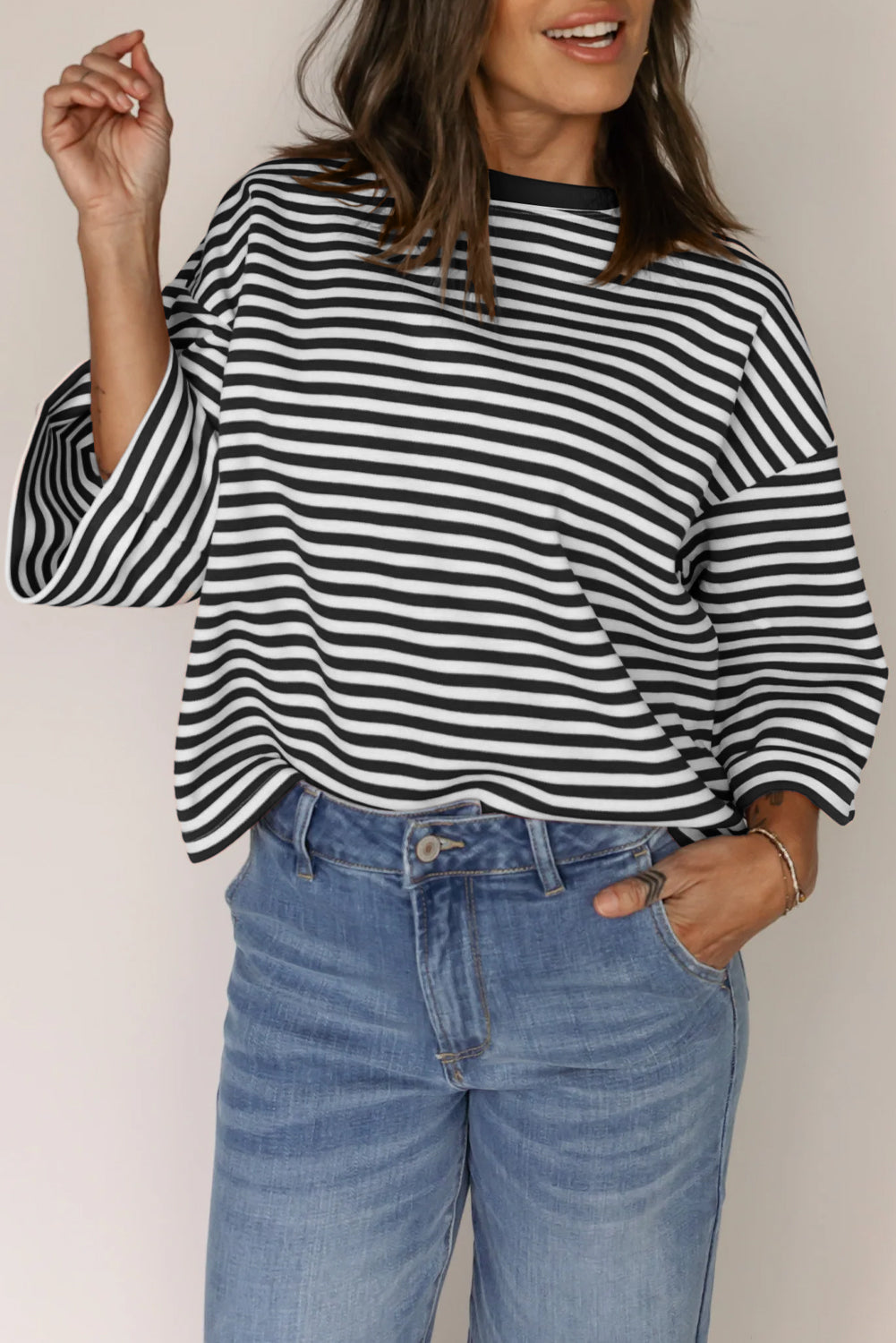 Pink Stripe Bowknot Cutout Back Drop Shoulder Wide Bracelet Sleeve Loose Tee