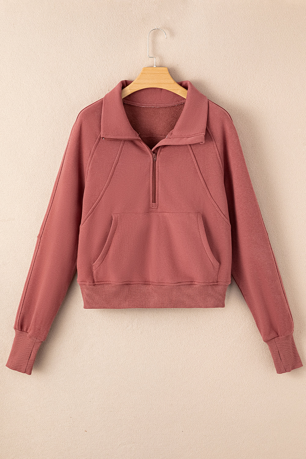 Brown Zip Up Stand Collar Ribbed Thumbhole Sleeve Sweatshirt