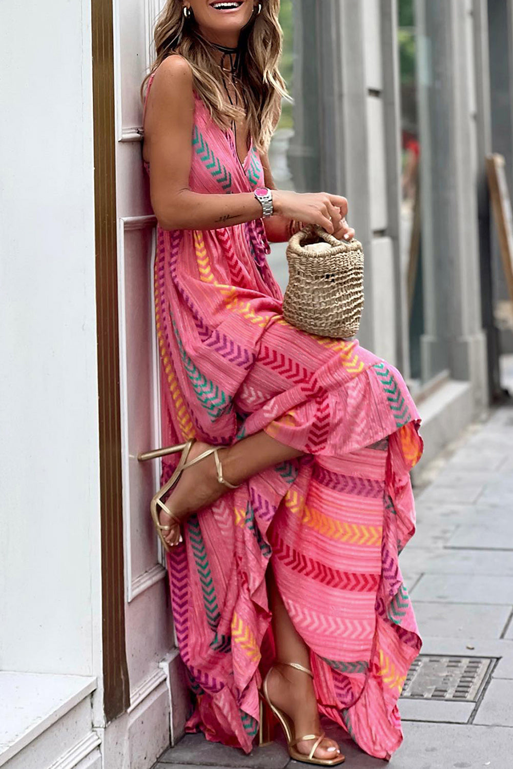 Pink Western Printed Tassel Tie V Neck Wrap Maxi Dress