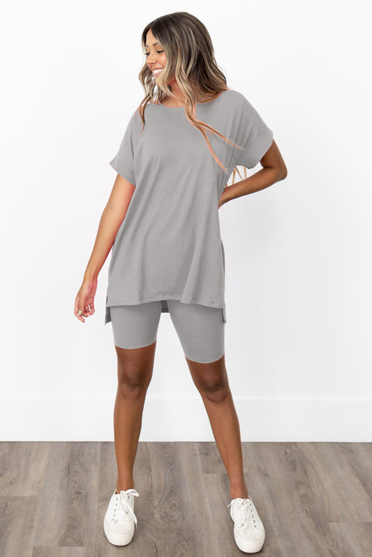 Gray Solid Split Hem Tunic Tee and Tight Shorts Set