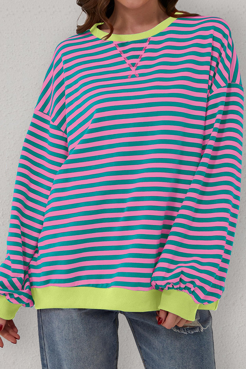 Blue Stripe Oversized Contrast Trim Pullover Sweatshirt