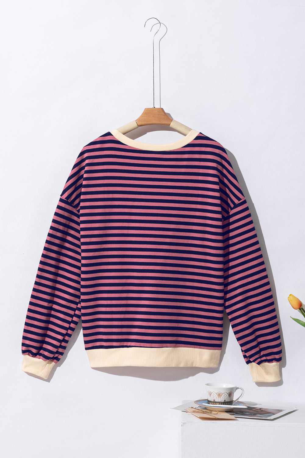 Blue Stripe Oversized Contrast Trim Pullover Sweatshirt