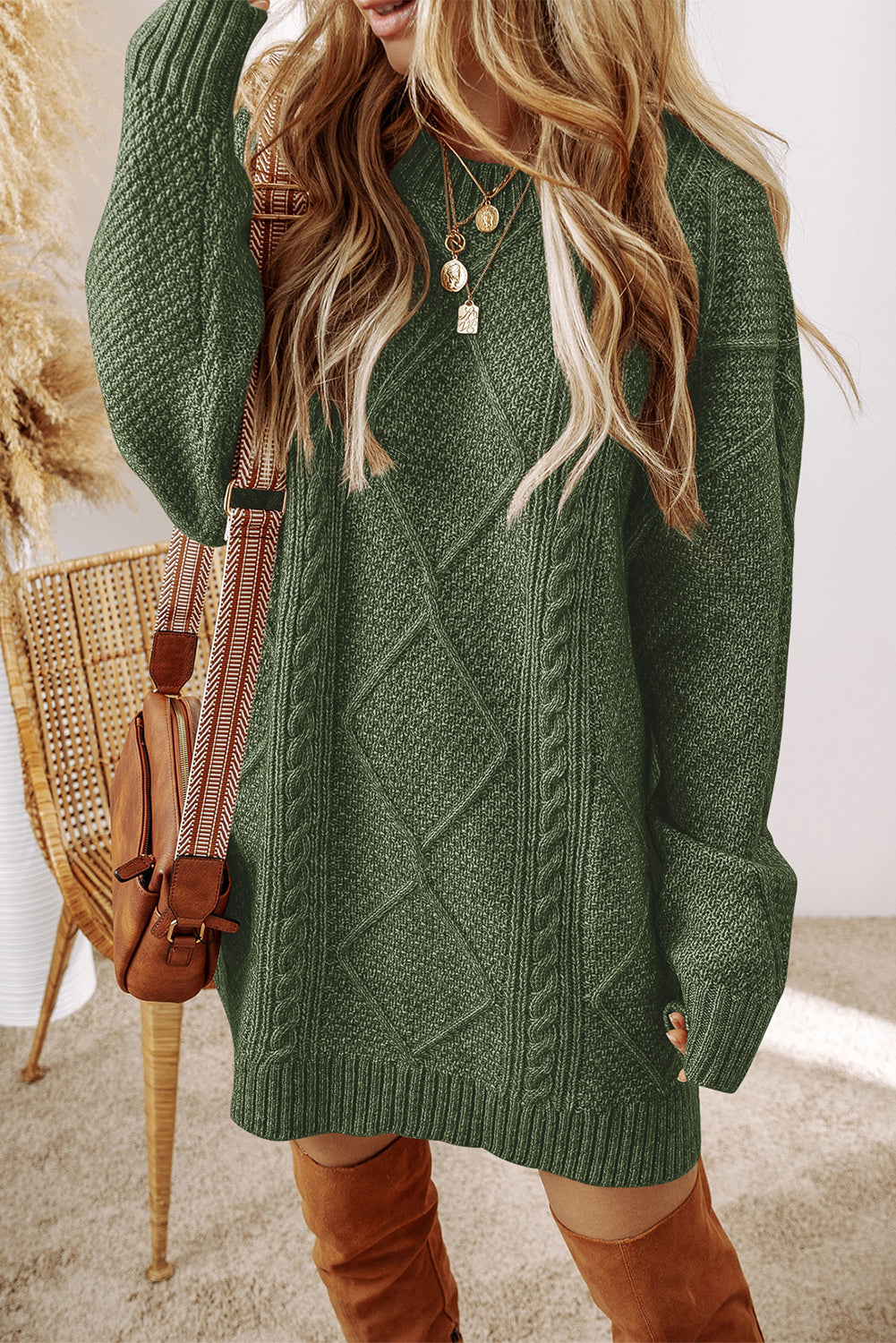 Coffee Cable Knit Drop Shoulder Loose Fit Sweater Dress