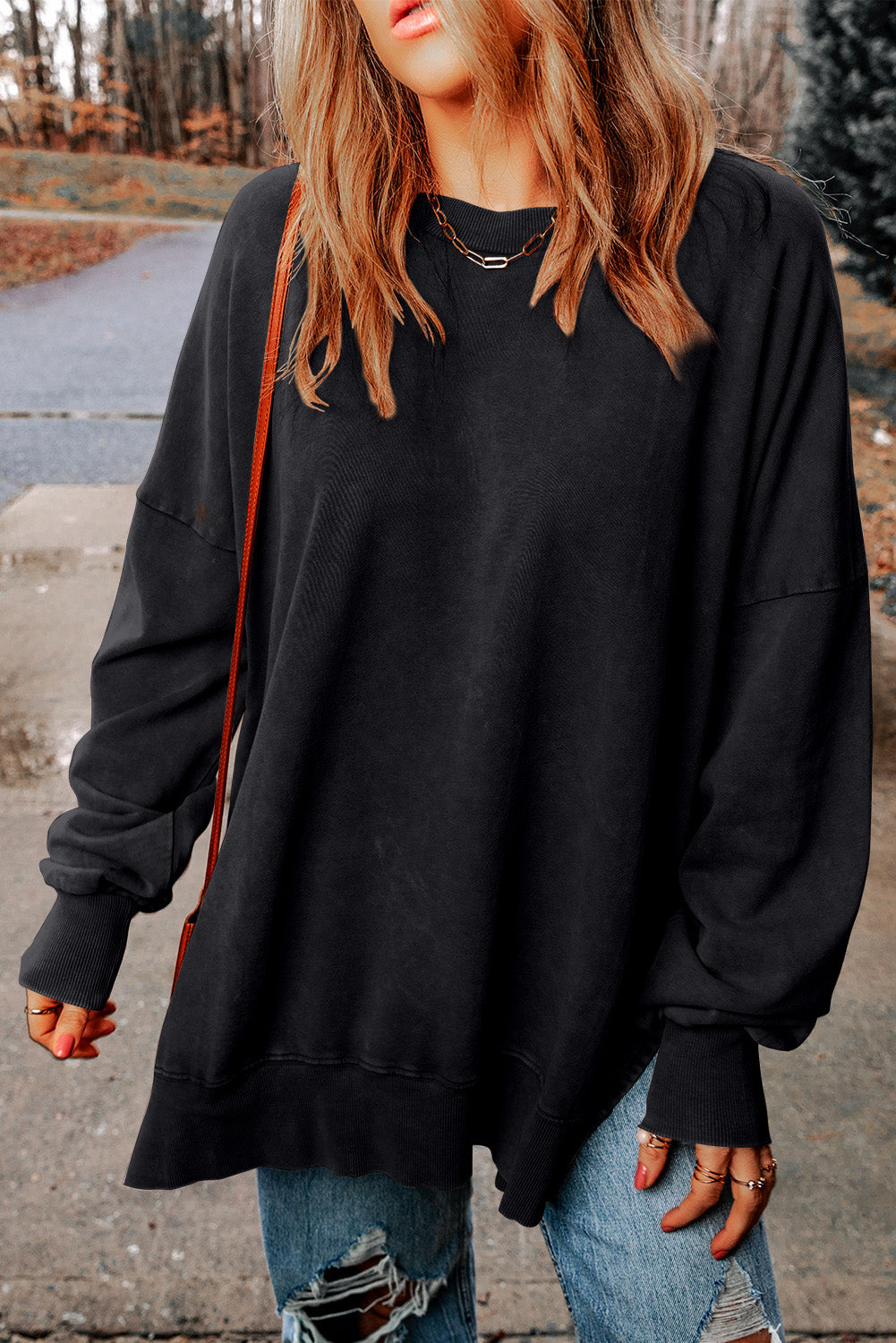 Black Drop Shoulder Ribbed Trim Oversized Sweatshirt