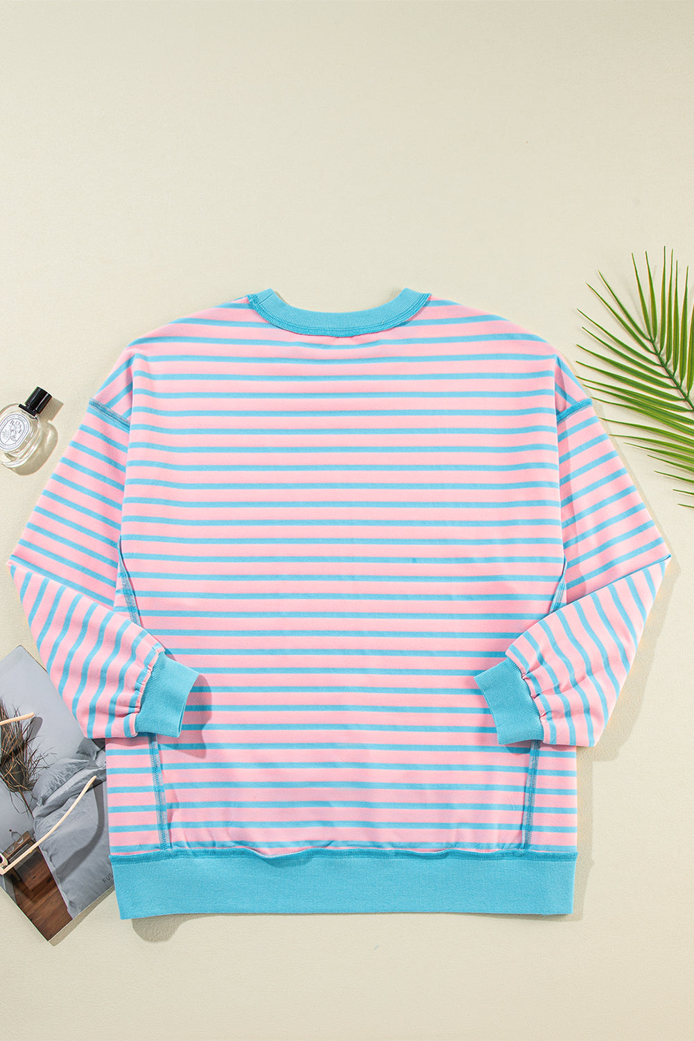 Sky Blue Stripe Contrast Trim High Low Pullover Tunic Sweatshirt