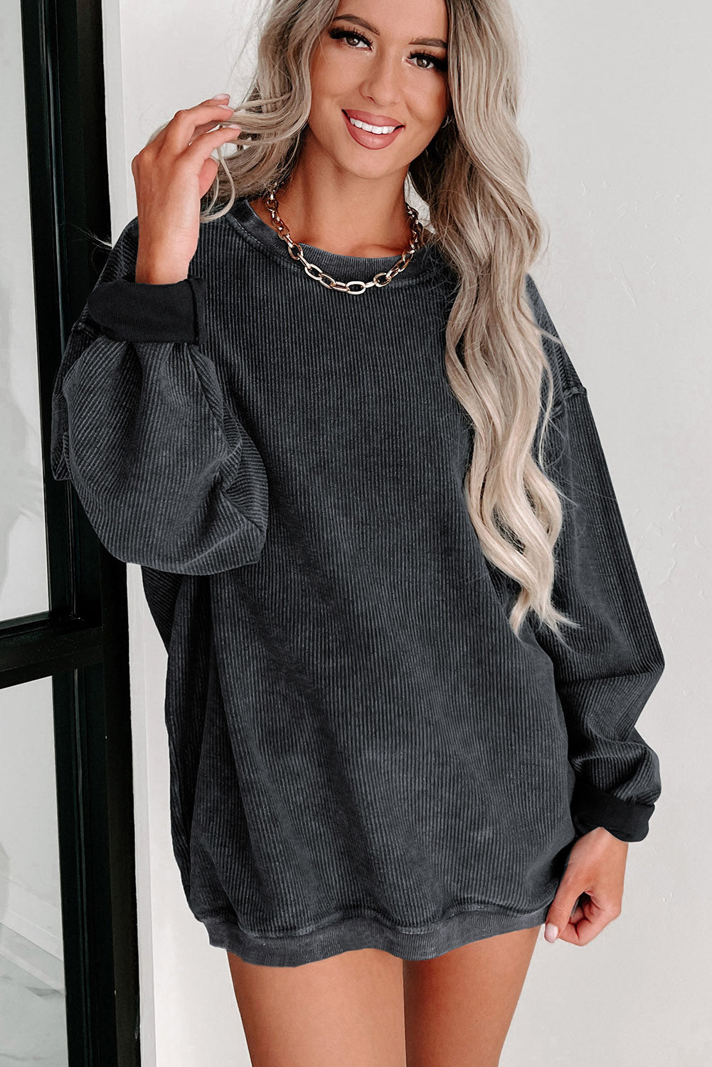 Pink Solid Ribbed Knit Round Neck Pullover Sweatshirt