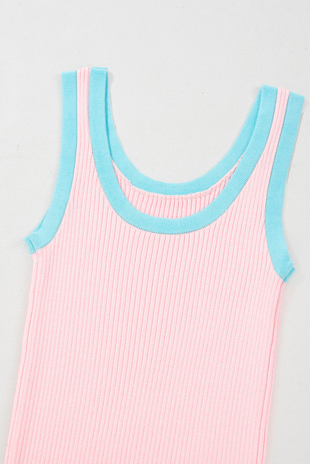 Bright Pink Colorblock Edge Ribbed Knit U Neck Tank Top