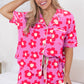 Pink Flower Print Short Sleeve Shirt Pajamas Set