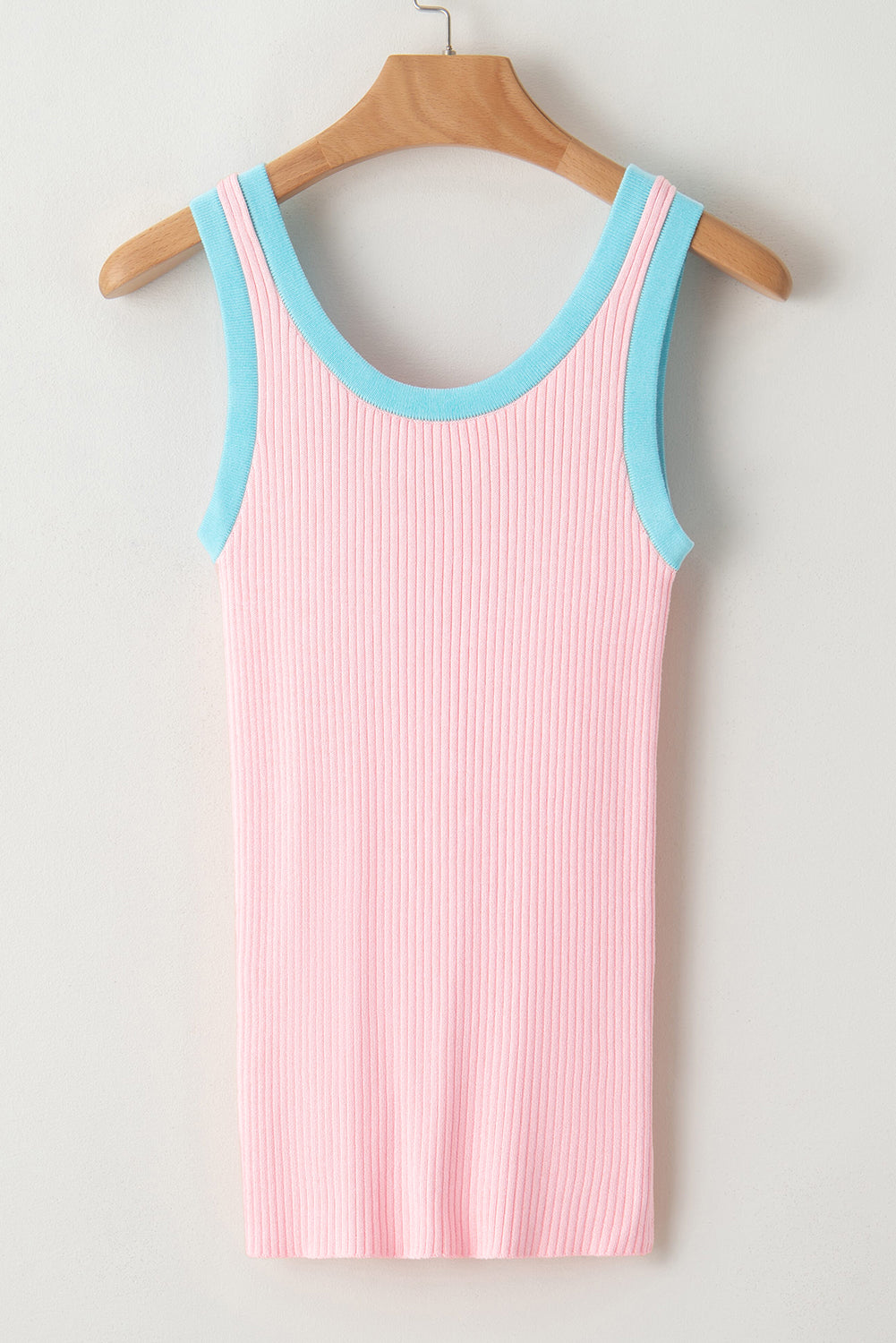 Bright Pink Colorblock Edge Ribbed Knit U Neck Tank Top