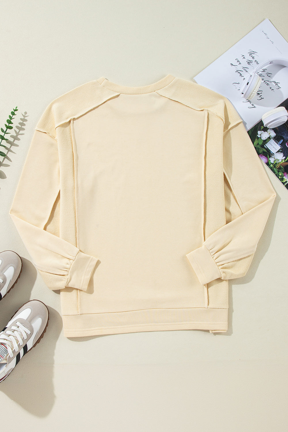 Beige Splicing Round Neck Pullover Sweatshirt