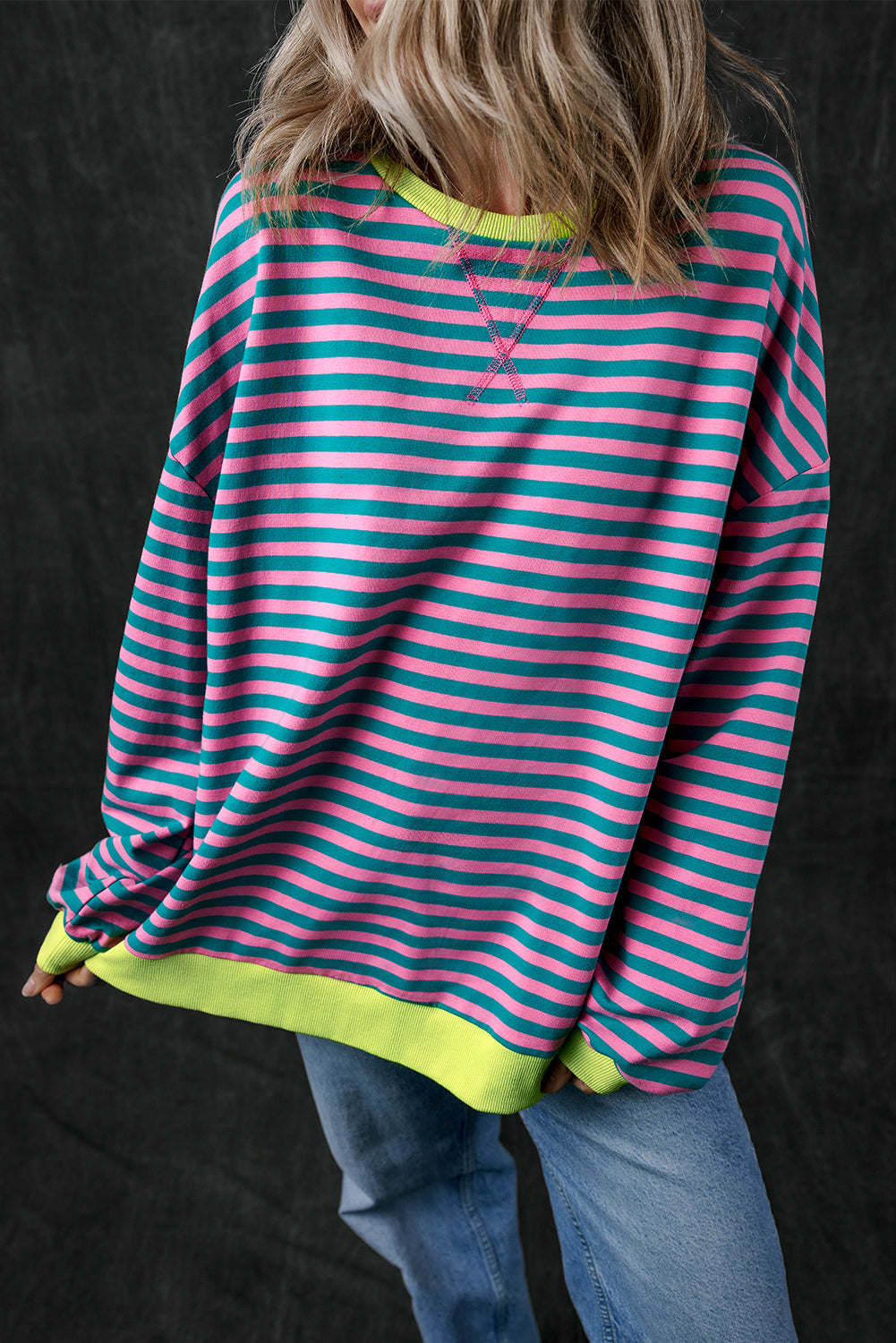 Blue Stripe Oversized Contrast Trim Pullover Sweatshirt