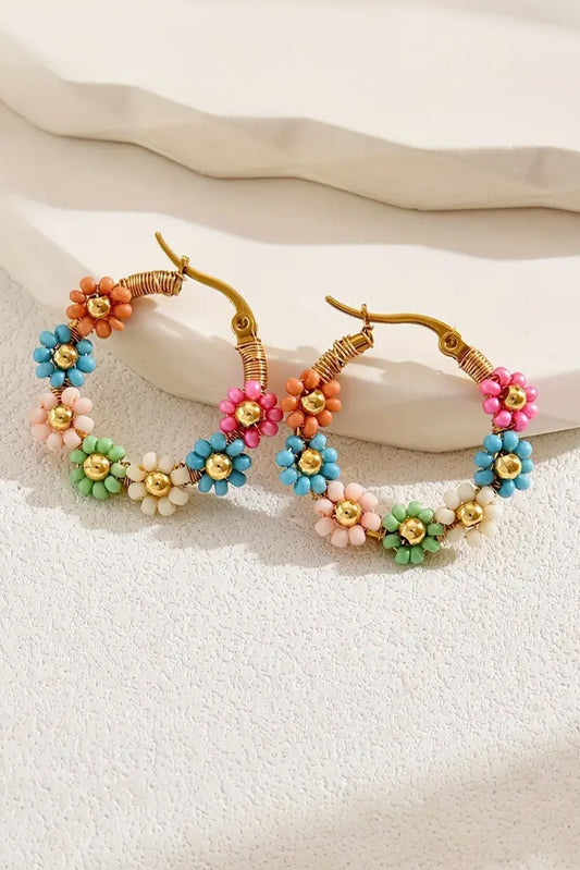 Pink Colorful Flower Hoop Earrings