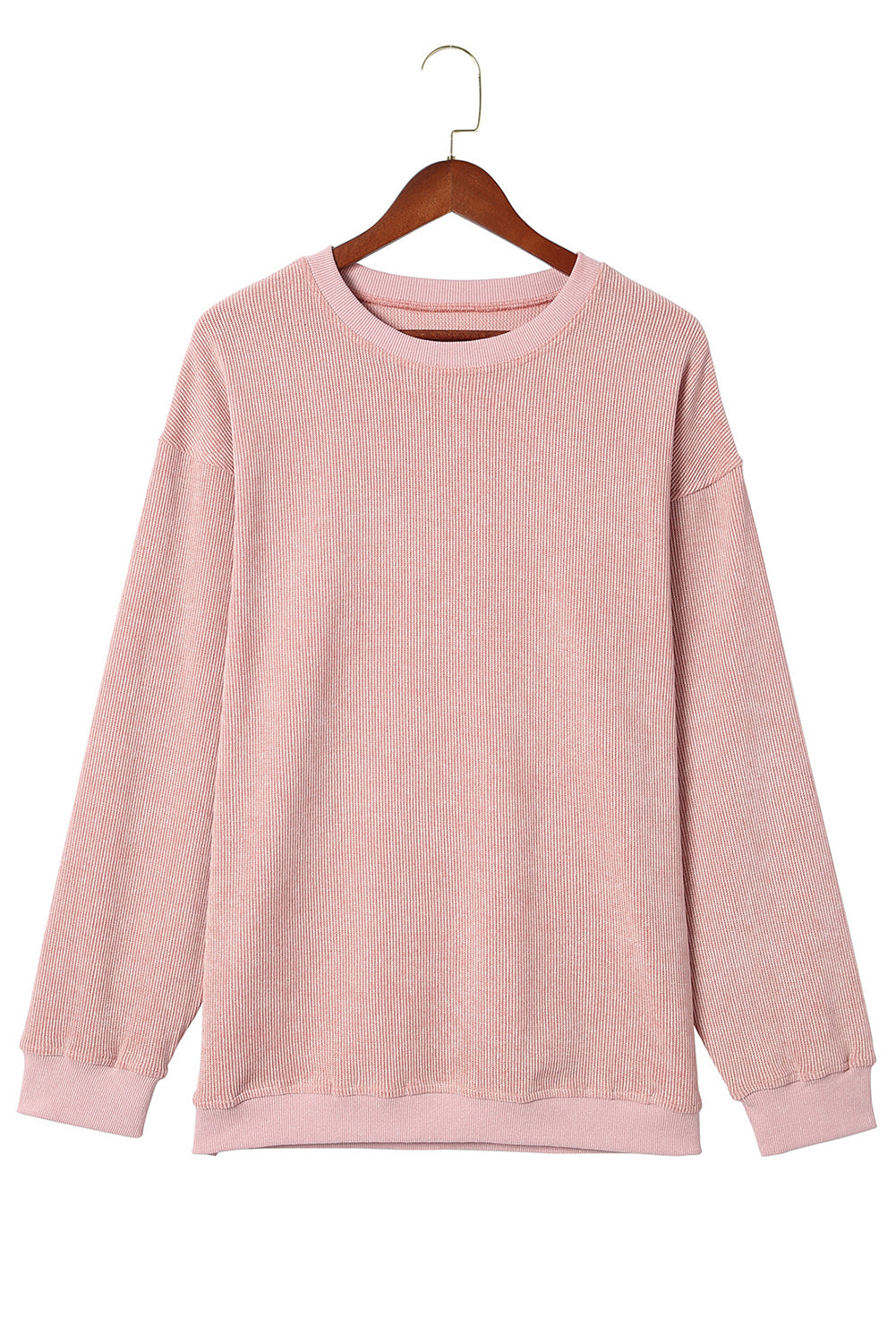 Pink Solid Ribbed Knit Round Neck Pullover Sweatshirt