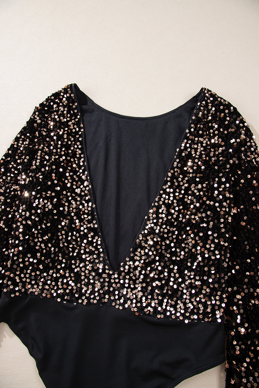 Black Deep V Back Sequin Puff Sleeve Bodysuit