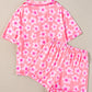 Pink Flower Print Short Sleeve Shirt Pajamas Set