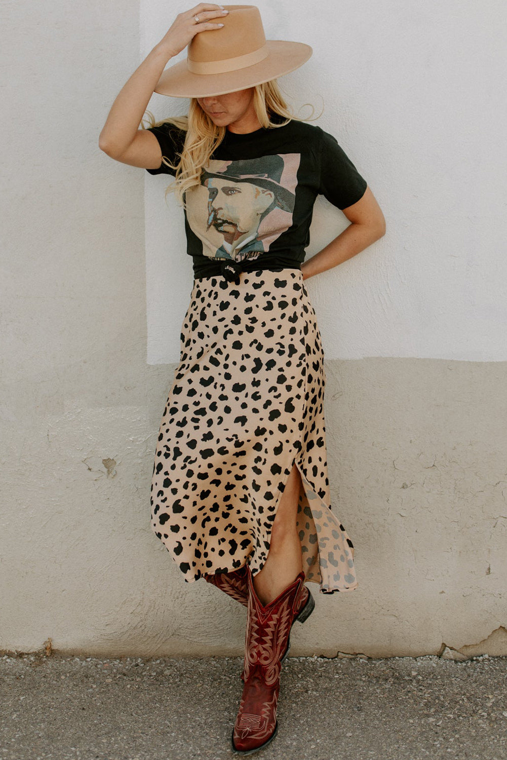 Khaki Leopard Spots Printed Split Hem Midi Skirt