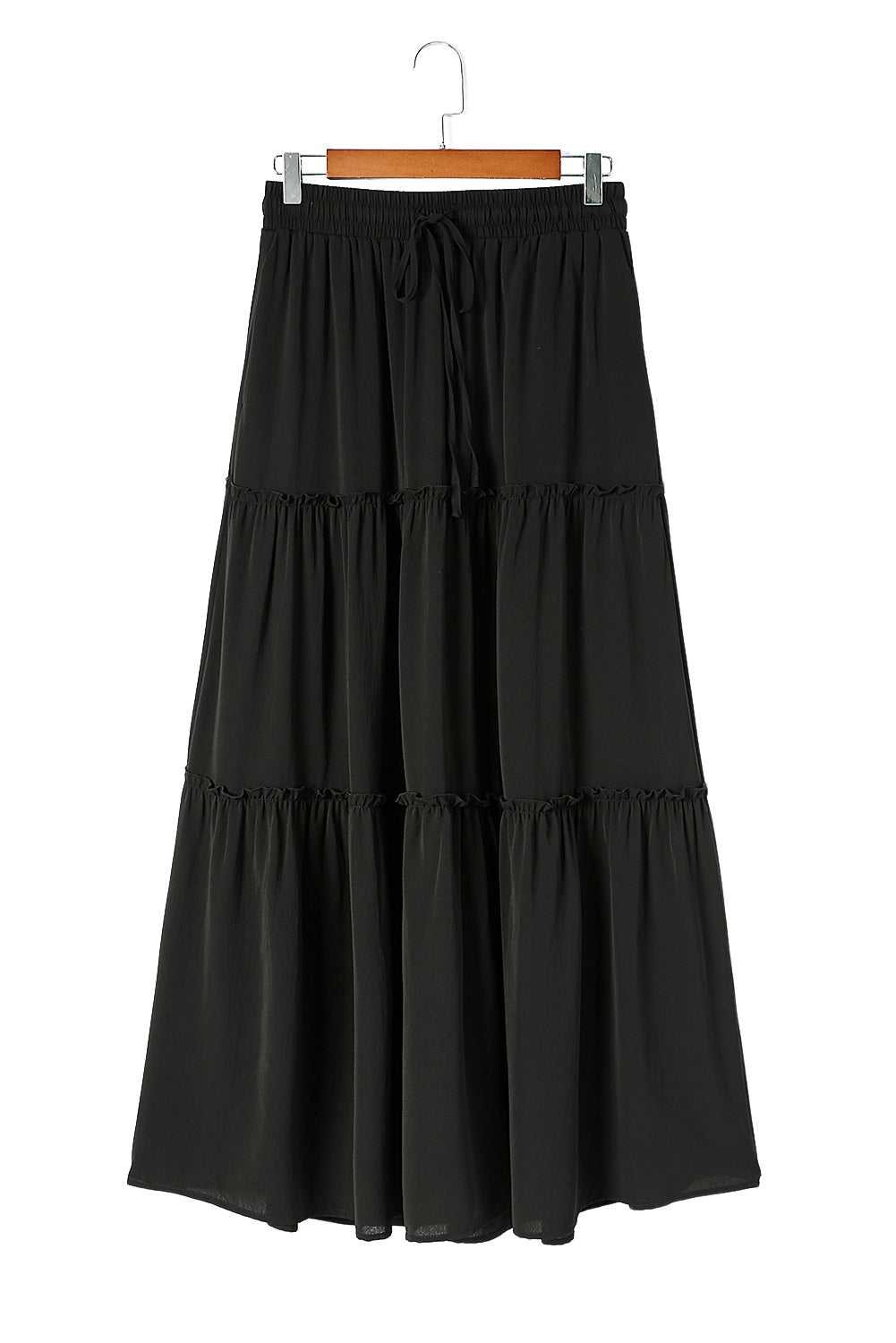 Black Frill Tiered Drawstring Waist Maxi Skirt