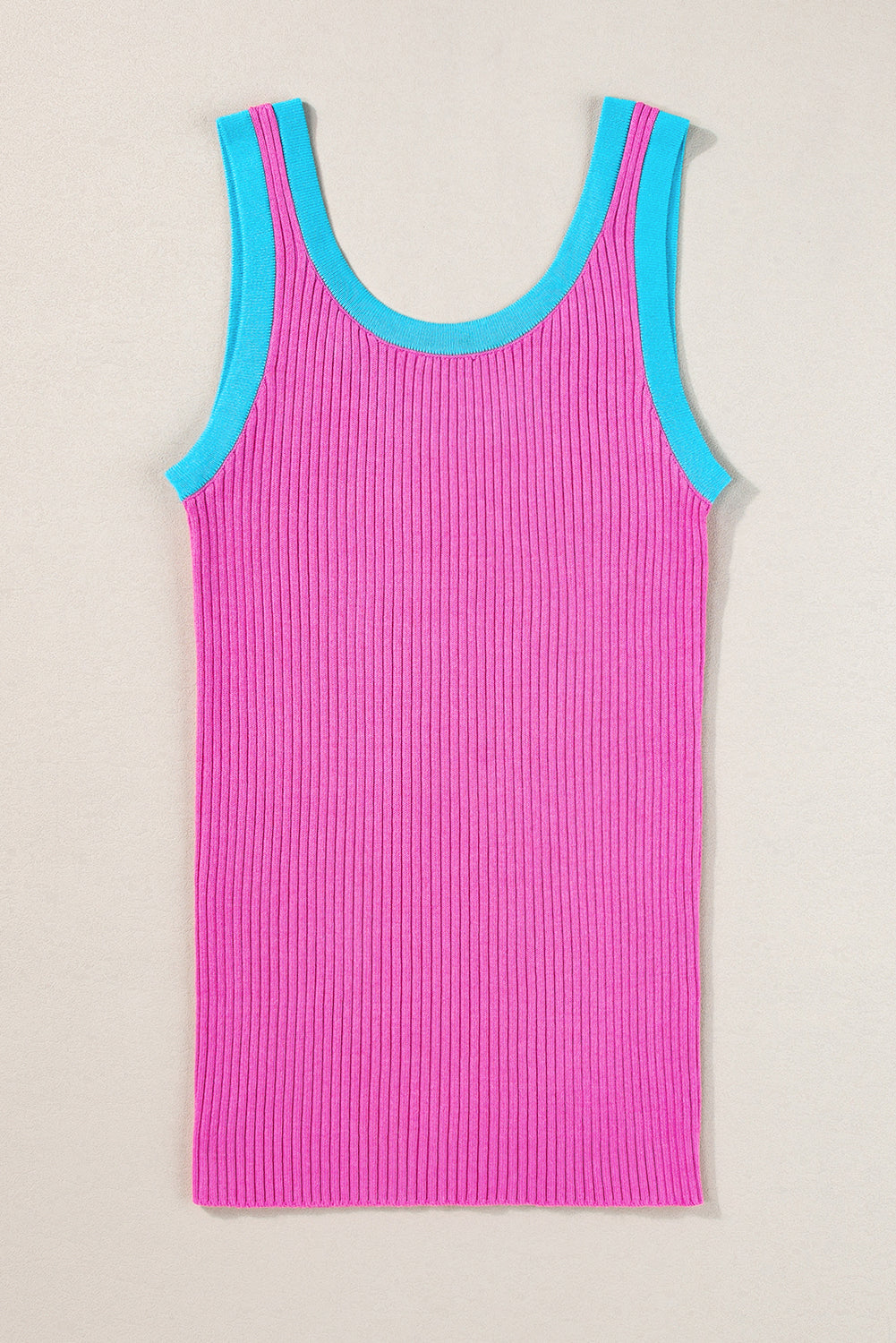 Bright Pink Colorblock Edge Ribbed Knit U Neck Tank Top